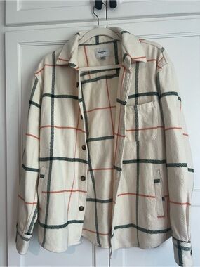 Goodfellow & Co Cream Plaid Utility Shacket with Green and Orange Windowpane